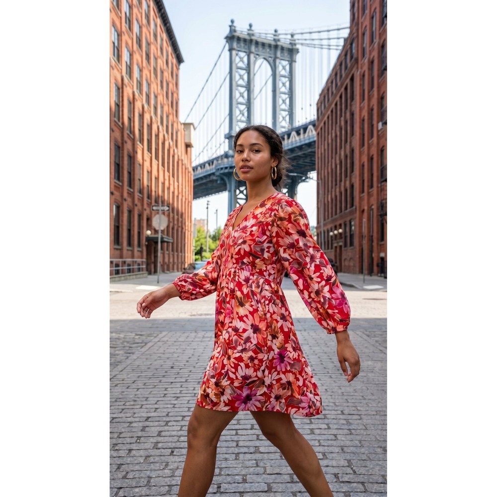 Umgee Boho Red Floral Long Sleeve Boho Empire Mini Dress Size M NWT